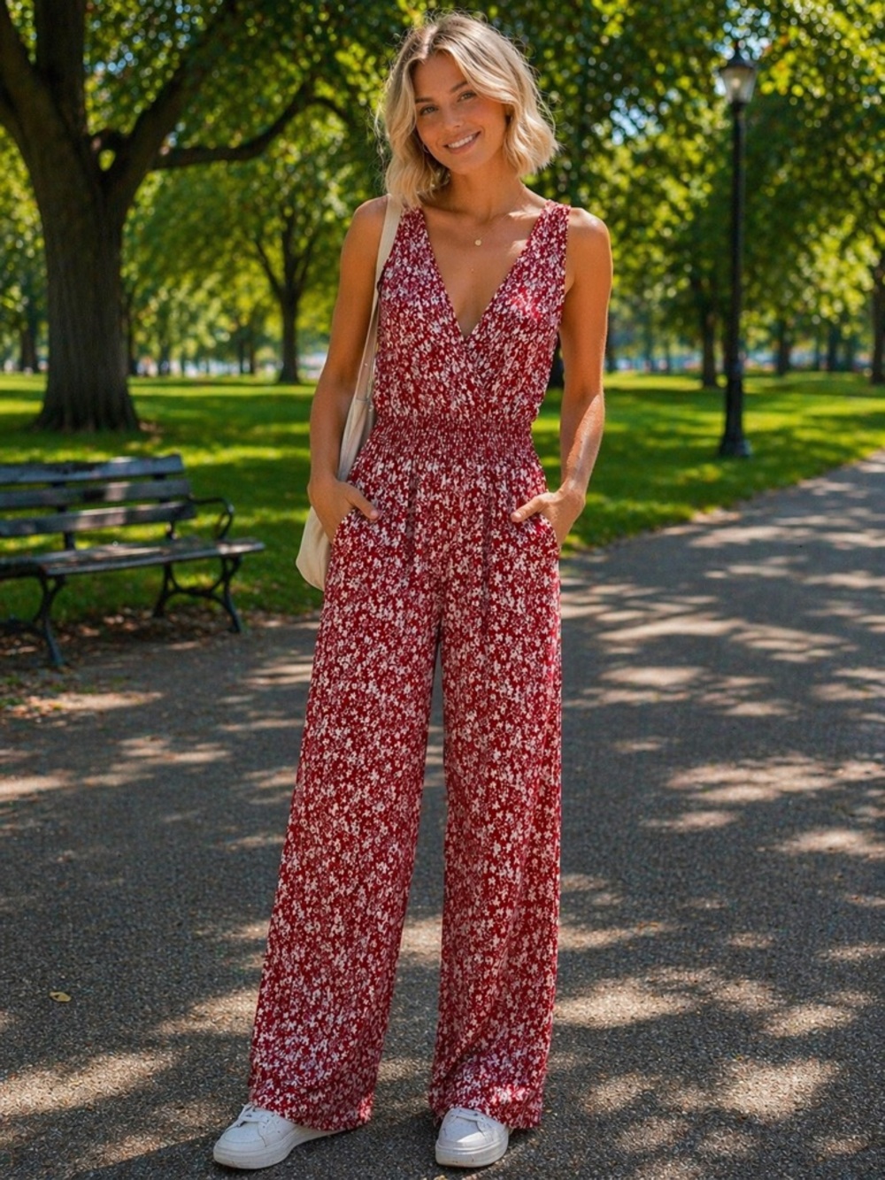 Lush Red Floral Wide Leg Jumpsuit